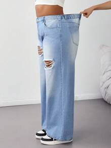 SHEIN Tall CURVE Plus Size Summer Fall Clothes Autumn Clothes Back To School Homecoming Cute 2000s Style Kawaii Y2k Airport For Women Modest Old Money Tulum Women's Casual Loose Distressed Wide,Leg Blue Jeans Ripped Jeans Wide Leg Pants Woman Baggy Jeans