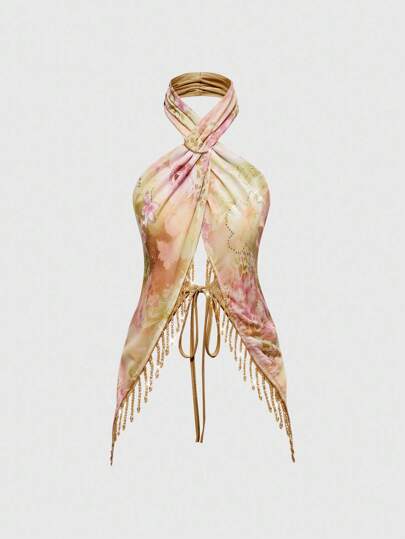 ملابس علوية عارية الظهر مع طبعات زهور وخرز واشراشيب بطراز Y2K، مناسب للنساء للصيف والشاطئ والعطلات