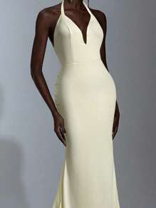 Elitara Đầm Maxi đuôi cá xếp ly hở lưng có khóa kim loại thanh lịch, dây buộc mảnh, thích hợp cho các buổi hẹn hò, tiệc độc thân, lễ tốt nghiệp, sự kiện trang trọng, dạ tiệc - Màu be - Xem 7