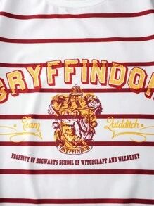 HARRY POTTER X SHEIN 青少年女孩复古运动学院休闲风格白色格兰芬多徽章条纹图案宽松 T 恤，适合夏季、学校和户外活动 - 白色 - 查看 4