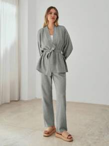 SHEIN Cottnline Cotton Drop Shoulder Belted Coat & Pants - Light Grey - View 5