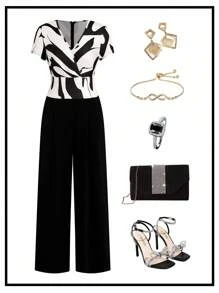 Ellevyn 女士优雅撞色V领交叉裹身短袖连体裤秋季女装度假装女士连体裤