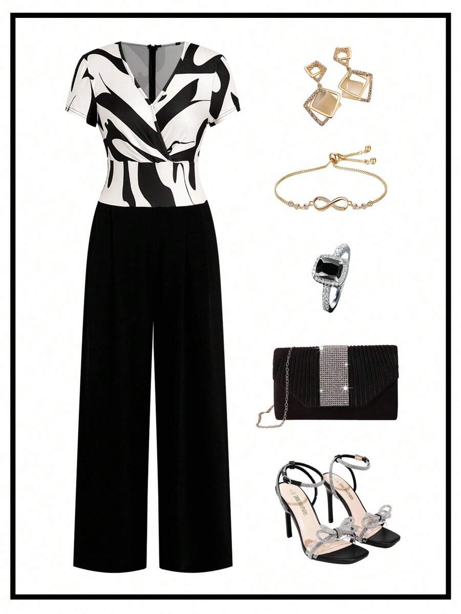 Ellevyn 女士优雅撞色V领交叉裹身短袖连体裤秋季女装度假装女士连体裤