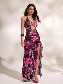 Shutterstock Glamance Vestido halter sexy con estampado floral, abertura lateral y bajo calado para mujer, vestido formal floral estilo Y2K años 2000 para fiestas, citas y regreso a clases