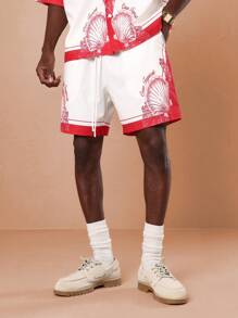 SUMWON مجموعة قميص وشورت مطبوعة بالمحار الاستوائي لعطلة الفاخرة ، لبس الشاطئ والعطلات الصيفية والهاواي