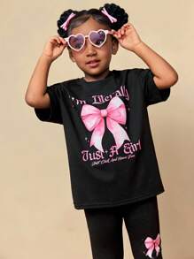 CutesyCutie 2pcs/Set Young Girl Solid Color Bow Design Loose Round Neck T-Shirt And Shorts Set Girls School Uniform,School Tops,Tops For School - Black - View 2