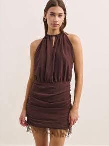 Nöista Elegant Dark Brown Sleeveless Dress,Gathered Halter Neckline Ruched Body Summer Outfits For Women,Party Night Vacation Lightweight Breathable Clothes - Brown - View 3