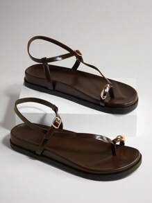 SHUZIA Women's Comfortable Gold Metal Toe Ring Flat Sandals For Christmas