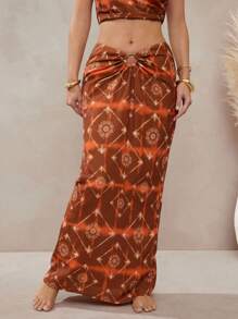 Boho Tile Print Ruched Summer Skirt With Wood O-Ring Ornament Detail - Brown - View 3