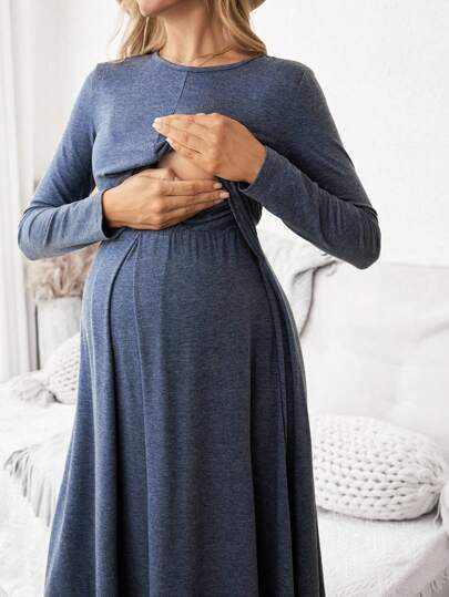 SHEIN שמלת הנקה בצבע אחיד עם מותן מתפתל לנשים בהריון, אביב/סתיו