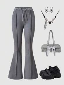 SHEIN Explorewe 1pc Teen Girls Cement Gray Bell Bottoms,Fashion Drawstring Elastic Waist Flare Pants,Soft Comfortable Versatile Casual Street Spring Autumn Trousers - Grey - View 2