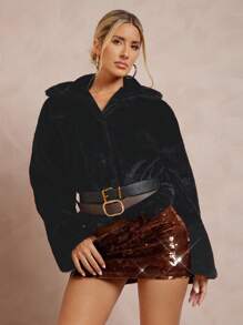 Lumalex Veste en fausse fourrure à col exagéré, épaules tombantes, avec ceinture pour femmes. Taille cintrée, ourlet court. Veste de luxe pour les fêtes, les réceptions, les banquets, les sorties, les vacances, les festivals, les mariages. Idéale pour l'hiver et l'automne. - Noir - Voir 7