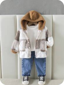 SHEIN Babyjongen Buffalo Plaid-patroon Teddyjas met capuchon zonder trui, voor Kerstmis