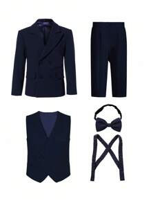 SHEIN 5pcs Young Boys Classic Minimalist Formal Suit Set: Notched Lapel Jacket + Single-Breasted Vest + Matching Pants + Bowknot + Suspenders, Suitable For Birthday Party, Ceremony, Awards, Wedding, Wedding Guest, Pageboy, Ring Bearer - Navy Blue - View 3