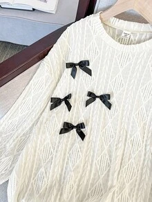 SHEIN 少女宽松休闲圆领撞色立体黑丝带蝴蝶结装饰圆领套头衫纹理面料长袖运动衫，返校，可爱，度假家庭户外春季野餐日常穿着，适合各种场合针织蝴蝶结运动衫 - 白色 - 查看 4