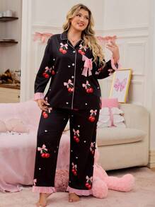 SweetSlumber Große Größen süßer Schmetterling & KirscMusterck Spitze Patchwork Kragen Nachtwäsche Set, Herbstkleidung