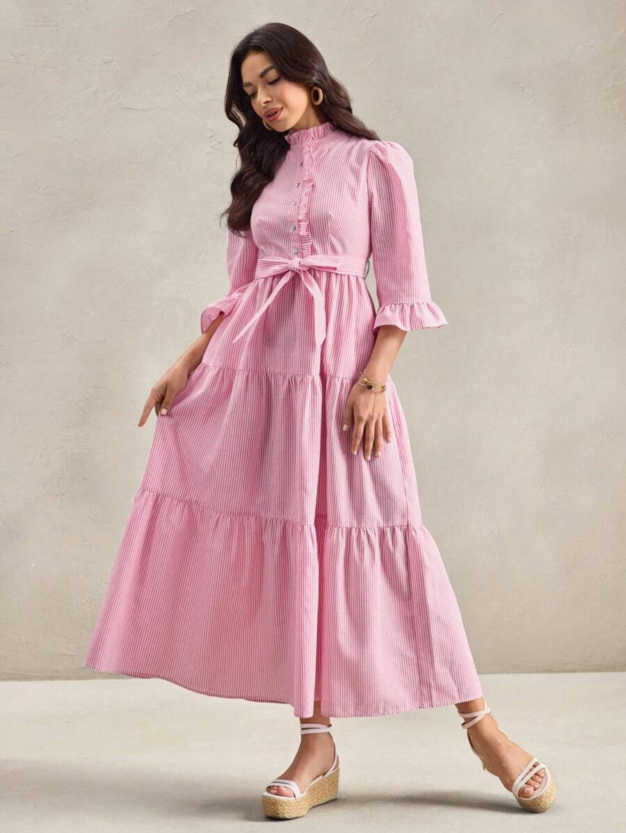 Wildy 秋冬新款美式乡村休闲粉色条纹收腰荷叶边领中长连衣裙 - 粉色 - 查看 1