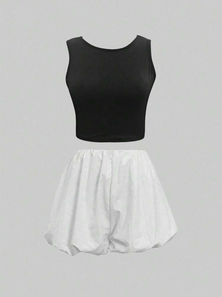 INAWLY 休閒實色背心＆實色短褲 - 黑色 - 查看 1