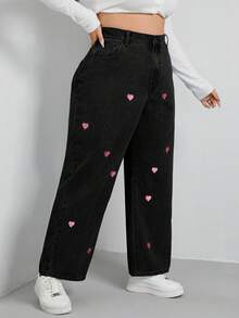 SHEIN EZwear 加心刺绣阔腿牛仔裤 宽腿牛仔裤 女童宽腿牛仔裤 女式宽腿牛仔裤 - 黑色 - 查看 3