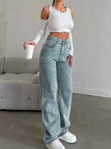 SHEIN Tall Snow Wash Straight Leg Jeans High Rise For Tall - Dusty Blue - View 4