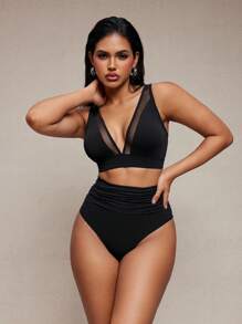 Shapewave 2pcs Women Black Bikini Set,Mesh Panel,Crossover Strap V-Neck,Backless Ribbon Tie,High Waist Ruched Bottoms,Elegant Summer Beach Vacation Holiday - Black - View 4