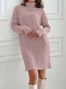 EURMUSE Knitwear Dress With Folded Neck And Cable Pattern,Winter Dresses For Women,Petite - Baby Pink - View 7