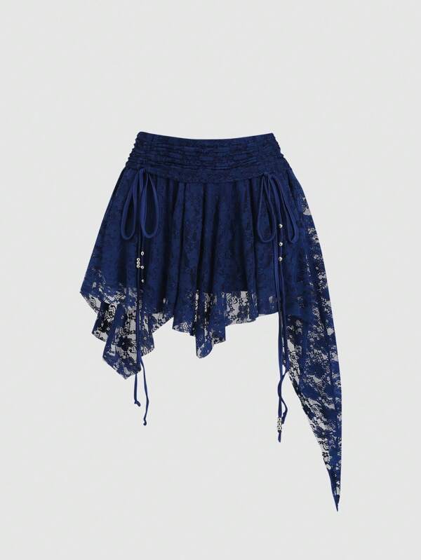 Sweetra Bohemian Style Knitted Lace Asymmetrical Hem Ruched Waist Women Mini Skirt