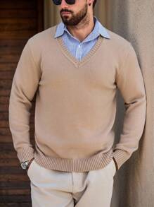 男士V领纯色长袖休闲套头毛衣，秋冬款 - 棕色 - 查看 1