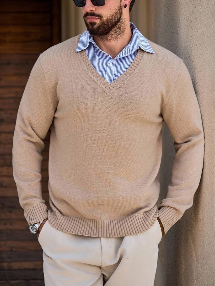 男士V领纯色长袖休闲套头毛衣，秋冬款 - 棕色 - 查看 1