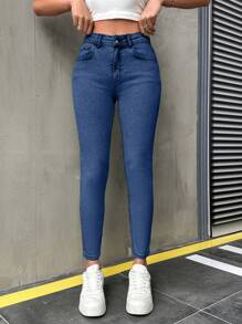 EURMUSE Mid Waist Snow Wash Slant Pocket Casual Skinny Jeans - Light Wash - View 4