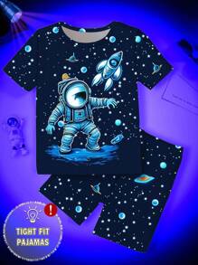 2 件套男童睡衣套装，UV 发光宇航员印花针织弹力圆领上衣和星星印花裤子，带紫外线的家居服（婴儿节日夜光礼物），贴身合身睡衣，幼儿宇航员睡衣，返校时尚 - 寶藍色 - 查看 4