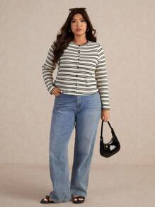 Elaquor Áo thun sọc cổ tròn tay dài đơn hàng thường ngày cỡ lớn cho nữ - Nhiều màu - Xem 4