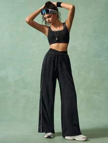 VARSIVA 女式休闲抽绳腰阔腿运动裤，日常穿着 - 黑色 - 查看 9