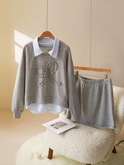 CosyJoli 大码休闲学院风二合一条纹衬衫领拼布蝴蝶结刺绣套头衫运动衫和迷你裙套装