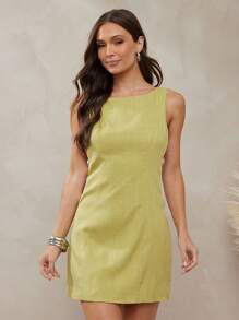 L'Amorae 无袖珠饰镂空迷你夏季太阳裙 - 芥末黃 - 查看 3