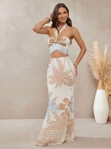 L'Amorae Summer Tropical Print Summer Maxi Skirt - Apricot - View 4