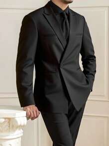 Manfinity Bizformal Men's Solid Color Regular Shoulder Business Casual Suit Jacket And Pants Set - Black - View 6