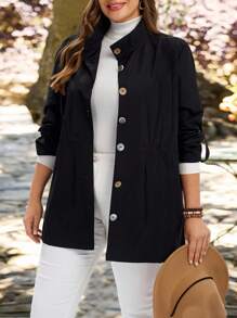 EMERY ROSE Plus Size Women Solid Color Single Breasted Casual Loose Lightweight Jacket, Button Up Jacket Winter,Back To School,Teacher,Country Autumn - Black - View 7