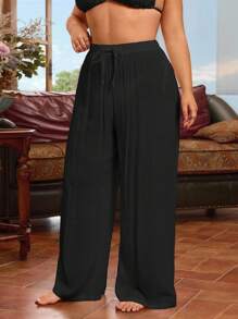 Swim Chiccia Plus Size Women Vacation Leisure Solid Color Minimalist Knot Caftan And Pants Women Casual Pants For Summer - Black - View 5