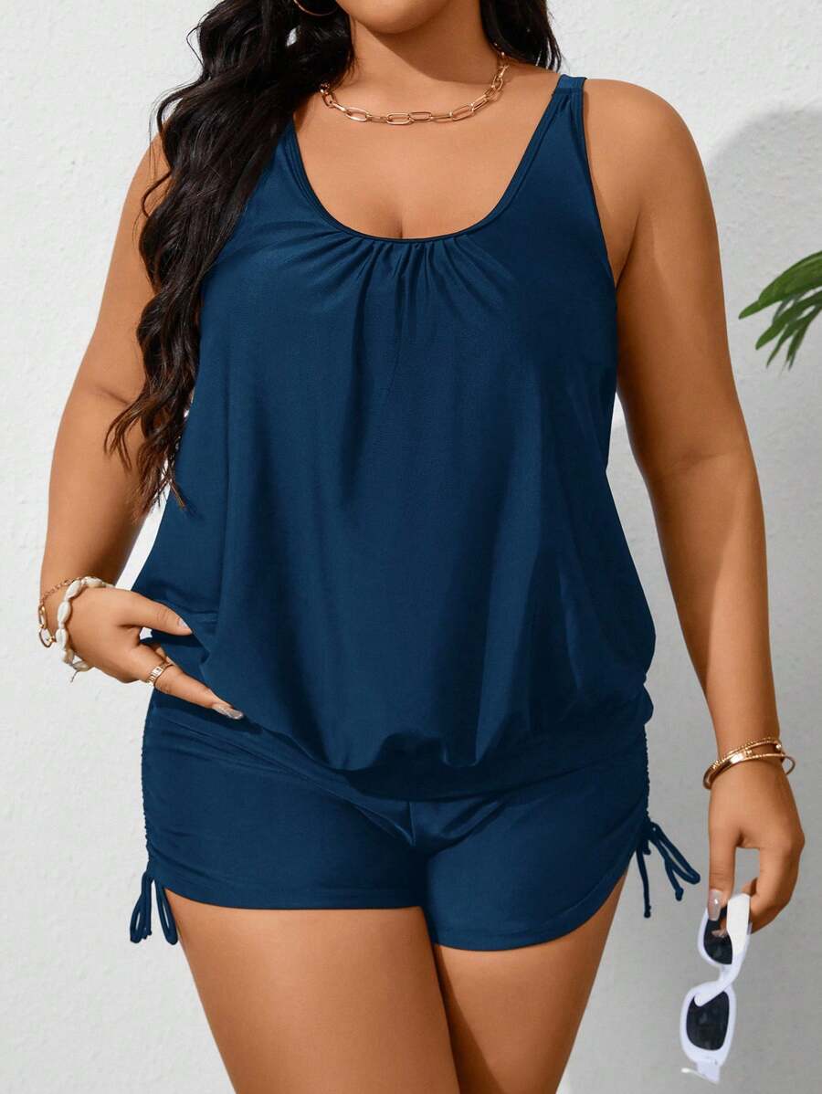 Swim Lushoire Plus Size Women's Simple Solid Color Round Neck Drawstring Ruched Tankini Swimsuit, Summer Beach Holiday Style Plus Size Summer Set - Navy Blue - View 1