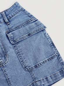 SHEIN MOD 女式夏季休闲街头翻盖口袋牛仔迷你裙 - 深色水洗藍 - 查看 4