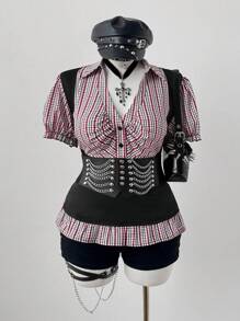 Flirla Plus Size Plaid Patchwork Cinched Waist Short Sleeve Shirt - Multicolor - View 1