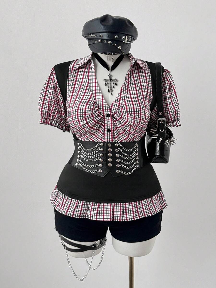 Flirla Plus Size Plaid Patchwork Cinched Waist Short Sleeve Shirt - Multicolor - View 1