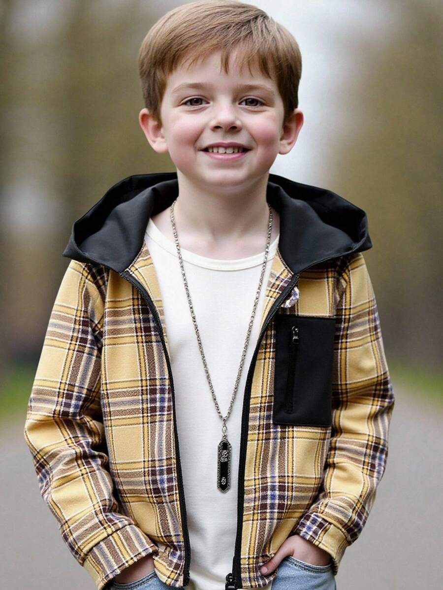 Young Boys Plaid Hooded Zip-Up Jacket, Casual Versatile Style, Suitable For Outdoor & School Wear, Fit For Spring/Autumn Back To School Season - Multicolor - View 1
