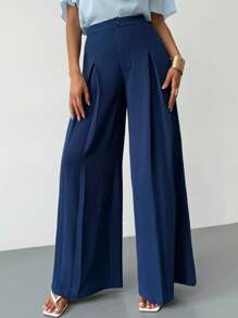 Firerie 女士新款简约优雅日常休闲百搭高腰褶皱设计宽松阔腿裤，适合夏季、办公室穿着、秋季女士、返校、女士办公室、办公室、机场、旅行机场、外出 - 藏蓝色 - 查看 6