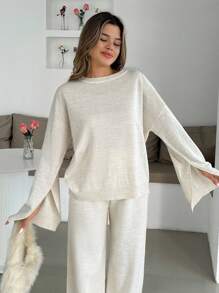 EURMUSE Women Sleeve Split Sweater And Pant Knit Set,Petite Co Ord,Co Ord,Petite,Winter Clothes - Beige - View 6