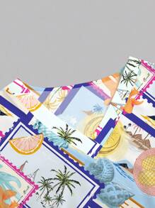 PopScrub 女士彩色V领短袖双口袋休闲沙滩风印花护士/医生制服上衣、纯色宠物美容制服上衣、营养师工作制服上衣、功能性多口袋实验室工作制服上衣、功能性女士假日装、女士夏季上衣