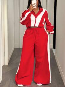 Slaydiva 2 sztuki/zestaw Plus Size Women 2025 Wiosna Jesień Swobodny Sportowy Strój Uliczny - Luźny Kontrastowy Kolor Patchwork Podzielony Hem Ściągacz Długi Rękaw Koszula Kołnierz Zamek Błyskawiczny Top I Ekstra Szerokie Nogawki Długie Spodnie, Tkanina Tkana - Czerwony i biały - Zobacz 3