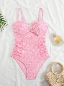 Swim Mod Nouveau maillot de bain une pièce d'été pour femme en tissu jacquard, avec bretelles fines, col en V, taille évidée froncée