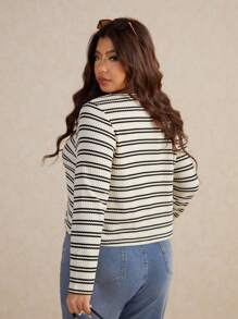 Elaquor Áo thun sọc cổ tròn tay dài đơn hàng thường ngày cỡ lớn cho nữ - Nhiều màu - Xem 2